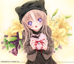 Rule 34 | bad id, bad pixiv id, black hat, blonde hair, blush, flower, gift, hat, heart, incoming gift, jacket, lily (flower), long hair, open clothes, open jacket, open mouth, purple eyes, ribbon, solo, valentine, watermark, yuunagi yuu