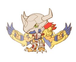 Rule 34 | 765 nanami, absurdres, armor, chibi, claw (weapon), claws, crotch plate, digimon, digimon (creature), dragon, green eyes, helmet, highres, red hair, shoulder armor, simple background, wargreymon, weapon, white background, yellow armor