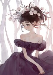 Rule 34 | 1girl, bare shoulders, bare tree, black dress, black eyes, black hair, breasts, dress, expressionless, flower, flower on head, high ponytail, highres, looking to the side, original, ozyako, sketch, small breasts, solo, strapless, strapless dress, tree, upper body