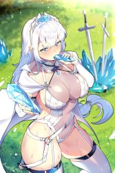Rule 34 | 1girl, absurdres, blue eyes, blurry, blurry background, blush, breasts, bridal gauntlets, cleavage, contrapposto, copyright request, depth of field, eating, elbow gloves, fingerless gloves, garter straps, gloves, halterneck, highres, ice, large breasts, leotard, long hair, mendou kusai, mouth hold, novel illustration, official art, outdoors, revealing clothes, see-through, skindentation, solo, standing, sweat, sword, symbol-only commentary, thighhighs, thighs, tiara, very long hair, weapon, white gloves, white hair, white thighhighs