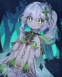 Rule 34 | 1girl, appleheart04, bracelet, cape, child, commentary request, cross-shaped pupils, dress, forest, genshin impact, gradient hair, green cape, green eyes, hair ornament, highres, holding, holding own hair, jewelry, korean commentary, leaf hair ornament, multicolored hair, nahida (genshin impact), nature, pointy ears, side ponytail, smile, solo, symbol-shaped pupils, white dress, white hair