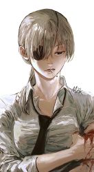 Rule 34 | 1girl, black eyes, black necktie, blood, blood on arm, blood on hands, chainsaw man, cigarette, collarbone, collared shirt, eyepatch, hand on own arm, highres, injury, medium hair, necktie, one eye covered, open mouth, ponytail, quanxi (chainsaw man), shirt, signature, silver hair, simple background, sleeves rolled up, solo, upper body, white background, white shirt, zemzk