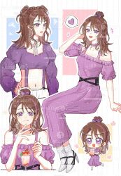 Rule 34 | +++, 1girl, :q, annoyed, bare shoulders, bell, belt, black belt, blush stickers, bow, brown hair, bubble tea, chibi, chinese commentary, choker, clothing cutout, collarbone, commentary request, commission, cropped legs, cropped shirt, cropped torso, crossed belts, cup, disposable cup, dress, drink, drinking straw, drop earrings, earrings, eating, elbows on table, fingernails, flower, food, frilled dress, frilled sleeves, frills, fruit, full body, hair bow, hair bun, hair ornament, hairclip, hand in own hair, hand on own hip, happy, heart, heart earrings, high heels, highres, holding, holding drink, holding spoon, ice cream, jewelry, light blush, long dress, long hair, long sleeves, looking at viewer, lower teeth only, midriff, multicolored hair, multiple views, navel, neck bell, neck ribbon, open mouth, original, outline, pants, pink flower, puffy long sleeves, puffy short sleeves, puffy sleeves, purple bow, purple choker, purple dress, purple eyes, purple hair, purple shirt, purple sleeves, ribbed shirt, ribbon, sample watermark, shirt, short sleeves, shoulder cutout, simple background, single hair bun, sitting, smile, socks, spoken heart, spoon, squiggle, stmoryo, strawberry, streaked hair, sundae, teeth, tongue, tongue out, two side up, watermark, white background, white footwear, white outline, white pants, white ribbon, white socks