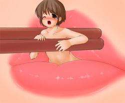 Rule 34 | 1boy, 1girl, brown eyes, brown hair, chopsticks, convenient censoring, eating, fellatio, giant, giantess, helpless, hetero, kanahebi, lips, mini person, miniboy, nude, oral, size difference, soft vore, tasting, vore
