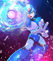 Rule 34 | 1boy, android, arm cannon, armor, blue armor, blue helmet, commentary request, dark background, energy cannon, feet out of frame, firing, glass shards, gradient background, green eyes, guutara, highres, male focus, mega man (series), mega man x (series), powering up, shoulder armor, signature, solo, weapon, x (mega man), x buster