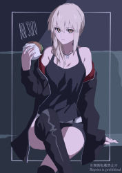Rule 34 | 1girl, aoi suzu, artoria pendragon (all), artoria pendragon (fate), black camisole, black footwear, black jacket, black ribbon, black shorts, blonde hair, boots, breasts, burger, camisole, cleavage, collarbone, eating, fate/grand order, fate (series), food, hair ribbon, highres, holding, holding food, jacket, jewelry, long hair, long sleeves, looking at viewer, low ponytail, medium breasts, necklace, official alternate costume, open clothes, open jacket, ribbon, saber alter, saber alter (ver. shinjuku 1999) (fate), short shorts, shorts, sidelocks, solo, thighs, yellow eyes