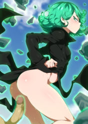Rule 34 | 1boy, 1girl, ass, black dress, blush, breasts, censored, curly hair, dress, floating, floating rock, from behind, glowing, green eyes, green hair, imminent penetration, jcm2, levitation, looking at viewer, looking back, mosaic censoring, no panties, one-punch man, penis, shiny skin, short hair, side slit, small breasts, solo focus, sweat, tatsumaki, telekinesis