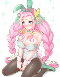 Rule 34 | :o, adapted costume, alternate breast size, alternate costume, animal ears, arakawa tarou, between legs, blush, bow, bowtie, braid, breasts, butterfly hair ornament, covered navel, cure felice, detached collar, fake animal ears, fake tail, flower, flower in eye, green footwear, green leotard, hair flower, hair ornament, hanami kotoha, high heels, highres, large breasts, leotard, long hair, looking at viewer, magical girl, mahou girls precure!, pantyhose, pink hair, playboy bunny, precure, rabbit ears, rabbit tail, sitting, sparkle background, strapless, strapless leotard, symbol in eye, tail, tiara, traditional bowtie, twin braids, wariza, white background, wrist cuffs