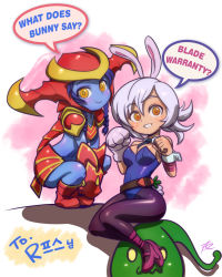 Rule 34 | 2girls, armor, battle bunny riven, blue hair, blue skin, chibi, colored skin, english text, engrish text, highres, league of legends, leotard, midriff, multiple girls, navel, pantyhose, phantom ix row, pink heels, playboy bunny, ranguage, riven (league of legends), shyvana, simple background, white hair, yellow eyes, zac (league of legends)
