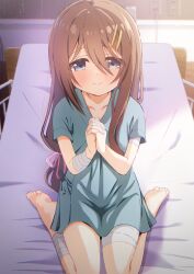 Rule 34 | 1girl, absurdres, artina, bandages, bed, blue eyes, blush, breasts, brown hair, collarbone, commentary request, hair between eyes, hair ornament, highres, hospital bed, hospital gown, long hair, looking at viewer, no shoes, original, own hands clasped, own hands together, seiza, sitting, small breasts, smile, solo