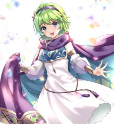 Rule 34 | 1girl, :d, ahoge, armor, blue eyes, breastplate, cape, cowboy shot, detached sleeves, dress, fire emblem, fire emblem: the blazing blade, fire emblem heroes, flower, gold trim, gradient clothes, green hair, hairband, highres, holding, holding cape, holding clothes, jewelry, kakiko210, looking at viewer, nino (fire emblem), nino (khadein) (fire emblem), nintendo, official alternate costume, open mouth, petals, purple cape, short hair, simple background, sleeveless, smile, solo, white background, white dress