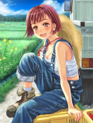 Rule 34 | 1girl, armpits, bare shoulders, blush, boots, day, hat, open mouth, original, outdoors, overalls, pickup truck, pink eyes, short hair, simon (kappa no kawanagare), sitting, smile, solo, tank top, tomato, truck