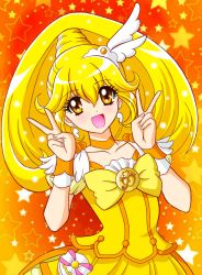 Rule 34 | bag, bow, brooch, choker, collarbone, cure peace, double v, dress, hair between eyes, hair flaps, hair ornament, highres, jewelry, kise yayoi, looking at viewer, magical girl, open mouth, orange background, orange choker, precure, puffy short sleeves, puffy sleeves, short sleeves, skirt, smile precure!, solo, star (symbol), starry background, tatsumi kyouhei, two-tone background, upper body, v, wide ponytail, yellow background, yellow bow, yellow dress, yellow skirt, yellow theme