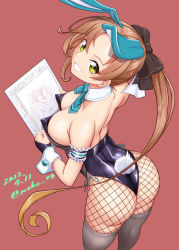 Rule 34 | 1girl, akigumo (kancolle), animal ears, ass, back, black leotard, bow, bowtie, breasts, brown hair, commentary request, dated, detached collar, drawing tablet, fake animal ears, fake tail, fishnet thighhighs, fishnets, green eyes, grey thighhighs, hair ribbon, kantai collection, kazagumo (kancolle), kishinami (kancolle), large breasts, left-handed, leotard, long hair, looking at viewer, looking back, moke ro, mole, mole under eye, pantyhose, playboy bunny, ponytail, rabbit ears, rabbit tail, red background, ribbon, side-tie leotard, smile, solo, strapless, strapless leotard, stylus, tail, thighhighs, twitter username, wrist cuffs