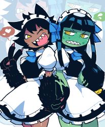 Rule 34 | 2girls, :d, absurdres, alternate costume, animal ears, animal hands, apron, black hair, blue bow, blue bowtie, blue hair, blush, bow, bowtie, clenched teeth, colored skin, embarrassed, enmaided, full-face blush, green skin, grin, hand up, heart, highres, holding hands, interlocked fingers, long hair, looking at viewer, maid, maid headdress, monster girl, multiple girls, neneko (rariatto), one eye closed, open mouth, original, puffy short sleeves, puffy sleeves, rariatto (ganguri), ringed eyes, rudy (rariatto), sharp teeth, short sleeves, smile, spoken heart, standing, teeth, upper teeth only, v, waist apron, white apron, wolf ears, yellow eyes, zoom layer