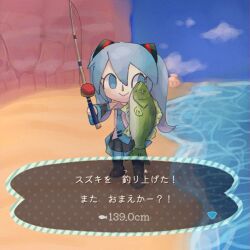 Rule 34 | 1girl, :&gt;, animal, animal crossing, beach, black footwear, black skirt, blue eyes, blue necktie, blue sky, boots, chibi, cliff, closed mouth, day, detached sleeves, dialogue box, fish, fishing rod, full body, grey shirt, hair ornament, hatsune miku, holding, holding animal, holding fish, holding fishing rod, horizon, long hair, looking at viewer, myon x, necktie, nintendo, outdoors, parody, pleated skirt, sand, sea bass (animal crossing), shirt, sideways glance, skirt, sky, sleeveless, sleeveless shirt, solo, standing, style parody, thigh boots, translation request, twintails, vocaloid