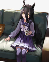 Rule 34 | 1girl, ahoge, animal ears, beckoning, black hair, character request, closed mouth, couch, cup, drink, grey hair, hair between eyes, hand up, highres, holding, holding cup, horse ears, kneehighs, long hair, long sleeves, manhattan cafe (umamusume), miniskirt, multicolored hair, on couch, parted bangs, pillow, pleated skirt, purple shirt, sailor collar, sailor shirt, saltlaver, school uniform, serafuku, shirt, skirt, smile, socks, solo, steam, thighhighs, tracen school uniform, two-tone hair, umamusume, very long hair, yellow eyes, zettai ryouiki