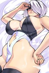 Rule 34 | 1girl, 2b (nier:automata), artist name, ass, black nails, black thighhighs, blue eyes, breasts, clothing cutout, curvy, dracksart, eyepatch, eyepatch lift, hair over one eye, hand on own hip, highleg, highleg leotard, highres, large breasts, leotard, lips, looking at viewer, medium hair, mole, mole under mouth, navel, navel cutout, nier:automata, nier (series), shiny skin, signature, solo, strapless, strapless leotard, thighhighs, thong leotard, white hair, wide hips