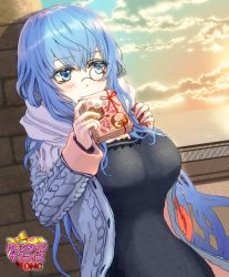 Rule 34 | 1girl, black dress, blue eyes, blue hair, blush, book, breasts, cloud, copyright name, dress, glasses, hands up, large breasts, long hair, meguekayako, monocle, omc, outdoors, pince-nez, scarf, shadow, solo, standing, sweater, twilight, very long hair, white scarf