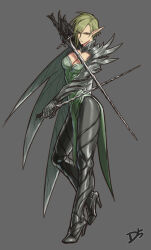 Rule 34 | 1girl, absurdres, armor, breasts, celewen, cleavage, commentary, drill (emilio), dual wielding, earrings, elf, eyes visible through hair, full body, green hair, grey background, high heels, highres, holding, holding sword, holding weapon, jewelry, long pointy ears, looking at viewer, medium breasts, original, pointy ears, short hair, simple background, solo, spiked armor, standing, sword, weapon, yellow eyes