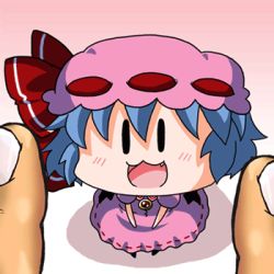 Rule 34 | 1girl, :3, animated, animated gif, bat wings, blue hair, bow, chibi, detached wings, fang, hair between eyes, hair bow, hat, lowres, mini person, minigirl, mob cap, noai nioshi, open mouth, puffy short sleeves, puffy sleeves, red bow, remilia scarlet, short hair, short sleeves, skirt, solo, solo focus, sparkle, touhou, wings, | |