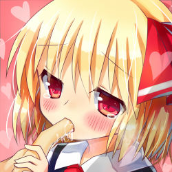 Rule 34 | 1girl, blonde hair, blush, child, close-up, embodiment of scarlet devil, female focus, finger in mouth, finger sucking, hair ribbon, heart, lowres, red eyes, ribbon, rumia, saliva, short hair, silveroid, solo focus, touhou