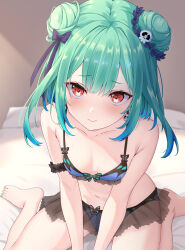 Rule 34 | 1girl, alternate costume, anklet, armband, bare shoulders, bed, bed sheet, bikini, breasts, bug, butterfly, butterfly-shaped pupils, butterfly bikini, collarbone, double bun, earrings, frilled armband, frills, from above, green hair, hair bun, hair ribbon, highres, hololive, insect, jewelry, kneeling, kurono yuzuko, nail polish, navel, red eyes, ribbon, see-through, see-through skirt, seiza, sidelocks, sitting, skirt, skull earrings, small breasts, swimsuit, symbol-shaped pupils, uruha rushia, virtual youtuber