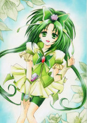 Rule 34 | 00s, 1girl, akimoto komachi, bike shorts, bike shorts under skirt, brooch, bug, butterfly, cure mint, dress, earrings, female focus, flower, gloves, gradient background, green eyes, green hair, green shorts, green theme, hair ornament, hairpin, insect, jewelry, long hair, magical girl, matching hair/eyes, miura kanan, pink flower, pink rose, plant, precure, rose, shorts, shorts under skirt, smile, solo, traditional media, white background, yes! precure 5