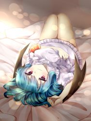 Rule 34 | 1girl, bad id, bad pixiv id, blue hair, blush, cheunes, dress, hat, unworn hat, unworn headwear, highres, holding, holding clothes, holding hat, legs together, lying, mob cap, on back, on bed, red eyes, remilia scarlet, short dress, solo, touhou, wavy mouth, white dress