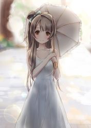 Rule 34 | 10s, 1girl, bad id, bad pixiv id, blurry, blush, cowboy shot, day, dress, frilled umbrella, frills, holding, holding umbrella, ivioss, jewelry, love live!, love live! school idol festival, love live! school idol project, minami kotori, necklace, outdoors, parasol, smile, solo, standing, umbrella