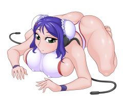 Rule 34 | android, arcana heart, ass, athletic leotard, bad anatomy, blue hair, breast press, breasts, commentary request, covered erect nipples, curvy, green eyes, hair bun, highleg, komiyama (pixiv8138), large breasts, leotard, looking at viewer, mei-fang, plump, simple background, single hair bun, thighs, thong, white background