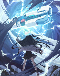 Rule 34 | 1girl, absurdres, aris (blue archive), arm up, black hair, black skirt, blue archive, commentary request, facing away, from behind, gun, halo, highres, long hair, pixel art, pleated skirt, skirt, soeyumi, solo, standing, weapon