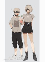 Rule 34 | 1boy, 1girl, arms behind back, belt, black blindfold, black footwear, black hairband, blindfold, blush, breasts, choker, closed mouth, collarbone, commentary request, covered eyes, cup, disposable cup, grey background, grey hair, grey shirt, hairband, heart, high heels, highres, holding, holding cup, pants, medium breasts, miniskirt, mole, mole under mouth, nier (series), nier:automata, open mouth, ouka (stan), pants, shirt, shoes, short hair, short sleeves, simple background, skirt, smile, watch, white background, white footwear, wristwatch, 2b (nier:automata), 9s (nier:automata)