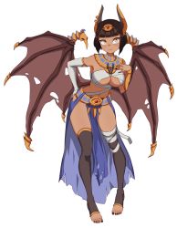 Rule 34 | 1girl, absurdres, animal ears, asymmetrical gloves, bandages, bat ears, bat wings, black hair, borrowed character, breasts, dark-skinned female, dark skin, demon girl, earrings, egyptian, egyptian clothes, elbow gloves, fingerless gloves, flowers-imh, full body, gloves, hand on own hip, hand on own chest, highres, jewelry, large breasts, looking at viewer, original, pelvic curtain, short hair, single glove, single vambrace, smile, stirrup legwear, thighhighs, toeless legwear, torn wings, usekh collar, vambraces, white background, wings, yellow eyes