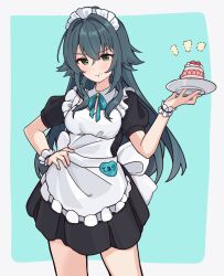 Rule 34 | 1girl, apron, aqua background, black dress, blush, border, cake, closed mouth, commentary request, dress, eating, etoria, food, food on face, frilled apron, frilled wristband, frills, gakuen idolmaster, green eyes, green hair, hair between eyes, hair flaps, hair intakes, hand on own hip, highres, holding, holding plate, idolmaster, looking at viewer, maid apron, maid headdress, multicolored background, plate, puffy short sleeves, puffy sleeves, short sleeves, simple background, solo, strawberry cake, tsukimura temari, v-shaped eyebrows, white apron, white border, white headdress, white wristband