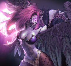 Rule 34 | 1girl, breasts, claws, cleavage, glowing, glowing eyes, league of legends, lips, morgana (league of legends), pointy ears, purple hair, solo, wings