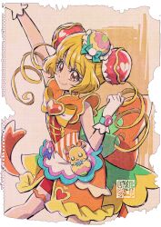 Rule 34 | 1girl, blonde hair, commentary request, cure yum-yum, delicious party precure, eyelashes, hair ornament, hanamichi ran, happy, kamikita futago, long hair, looking at viewer, magical girl, mem-mem (precure), precure, red eyes, smile, solo, standing, twintails, wrist cuffs