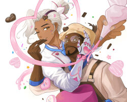 Rule 34 | 2boys, alternate costume, alternate hairstyle, baptiste (overwatch), beard, black hair, brown eyes, chocolate, closed mouth, commentary, dark-skinned male, dark skin, english commentary, facial hair, food, giving food, glasses, hand on another&#039;s face, hctawrevo, heart, highres, korean commentary, lifeweaver (overwatch), long hair, looking at another, mechanical arms, mixed-language commentary, multiple boys, one eye closed, overwatch, overwatch 1, overwatch 2, short hair, simple background, single mechanical arm, upper body, valentine, white background, white hair, yaoi