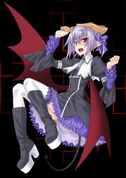 Rule 34 | 1girl, 212 (kisaragi), bad id, bad pixiv id, boots, demon girl, demon horns, demon tail, fang, frills, glasses, hair ribbon, highres, horns, knee boots, open mouth, original, platform footwear, pointy ears, purple hair, red eyes, ribbon, solo, tail, thighhighs, white thighhighs, wings