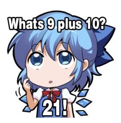 Rule 34 | 1girl, blue dress, blue eyes, blue hair, bow, cirno, dress, english text, hair ornament, hand on own face, jokanhiyou, looking up, lowres, math, open mouth, red bow, short sleeves, solo, thinking, touhou, white background