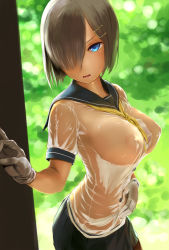 Rule 34 | 10s, 1girl, alternate hair color, blue eyes, blurry, breasts, buttons, commentary request, depth of field, covered erect nipples, gloves, hair ornament, hair over one eye, hairclip, hamakaze (kancolle), hand on own stomach, highres, kantai collection, large breasts, looking at viewer, nipples, no bra, open mouth, pleated skirt, puffy nipples, revision, sailor collar, school uniform, see-through, serafuku, short hair, silver hair, skirt, solo, wa (genryusui), wet, wet clothes, white gloves