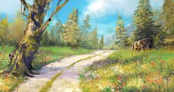 Rule 34 | 2023, blue sky, cloud, cloudy sky, flower, forest, grass, mimoth, mountain, nature, original, painting (medium), pastel (medium), path, pine tree, road, scenery, sky, tall grass, traditional media, tree
