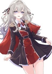 belt braid cape firefly_(honkai:_star_rail) grey_hair hair_ribbon honkai:_star_rail honkai_(series) long_hair military_uniform reachizu red_ribbon ribbon simple_background skirt