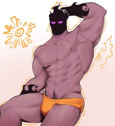 Rule 34 | 1boy, abs, arm behind head, armpits, bara, biceps, borrowed character, bulge, colored skin, feet out of frame, fiery hair, fire, fire, flaming hand, glowing, glowing eyes, highres, lancerix25, large pectorals, looking at viewer, male focus, male swimwear, manly, mature male, muscular, muscular male, navel, navel hair, nipple piercing, nipples, orange male swimwear, orange swim briefs, original, pectorals, piercing, purple eyes, purple fire, purple skin, simple background, solo, sun, swim briefs, swimsuit, thick arms, thick thighs, thighs, white background
