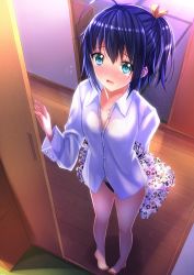 Rule 34 | 10s, 1girl, ahoge, barefoot, black panties, blue eyes, blush, chuunibyou demo koi ga shitai!, dress shirt, flying sweatdrops, from above, hair ribbon, highres, no pants, open door, open mouth, panties, pigeon-toed, pillow, purple hair, ribbon, shirt, short hair, side ponytail, sleepwear, solo, swordsouls, takanashi rikka, tears, underwear