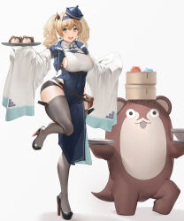 Rule 34 | 1girl, :d, black footwear, black thighhighs, blonde hair, blue dress, blue eyes, blue headwear, breasts, china dress, chinese clothes, collared dress, collared jacket, commentary request, covered navel, cropped jacket, dress, drop earrings, earrings, enemy lifebuoy (kancolle), full body, gambier bay (kancolle), gradient background, grey background, hair between eyes, high heels, highres, holding, holding plate, holding tray, jacket, jewelry, kantai collection, large breasts, long hair, looking at viewer, mokuren (mozukukirai88), open mouth, pelvic curtain, plate, side slit, sleeveless, sleeveless dress, smile, standing, standing on one leg, thighhighs, tray, twintails, two-tone dress, white background, white dress