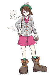 Rule 34 | 1girl, absurdres, backpack, bag, bags under eyes, beret, bob cut, boots, bottle, brown eyes, brown hair, buttons, cigarette, creatures (company), dress, game freak, gloria (pokemon), gomesu (gomes0343), grey sweater, half-closed eyes, hat, highres, holding, holding cigarette, middle finger, nintendo, ohol, pink dress, plaid, pokemon, pokemon swsh, pom pom (clothes), smoke, smoking, socks, sweater, tam o&#039; shanter