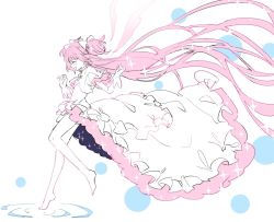 Rule 34 | 1girl, ^ ^, absurdly long hair, barefoot, blush, closed eyes, dress, floating hair, frilled sleeves, frills, from side, gloves, hair ribbon, hands up, happy, kaname madoka, long dress, long hair, mahou shoujo madoka magica, mahou shoujo madoka magica (anime), open mouth, pipi o (pipioo08), polka dot, polka dot background, profile, ribbon, ripples, simple background, smile, solo, sparkle, standing, standing on liquid, standing on one leg, tiptoes, two side up, ultimate madoka, very long hair, water, white background, white dress, white gloves, white ribbon, wide sleeves, wings