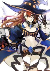 Rule 34 | 10s, 1girl, :d, bandeau, bare shoulders, beatrix (granblue fantasy), black gloves, black hat, blush, breasts, brown hair, cleavage, detached sleeves, gloves, granblue fantasy, hair between eyes, halloween, halloween costume, hat, long hair, long sleeves, looking at viewer, navel, open mouth, orange eyes, shionvs, simple background, smile, solo, striped, white background, wide sleeves, witch hat