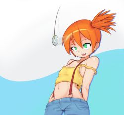 Rule 34 | 1girl, @ @, arms behind back, bare shoulders, breasts, coin, creatures (company), crop top, denim, denim shorts, game freak, highres, holed coin, hypnosis, leaning back, looking at object, midriff, mind control, misty (pokemon), nintendo, off shoulder, orange hair, pendulum, pokemon, pokemon (anime), pokemon (classic anime), shorts, side ponytail, simple background, small breasts, solo, suspender shorts, suspenders, thekinkyfinn, two-tone background